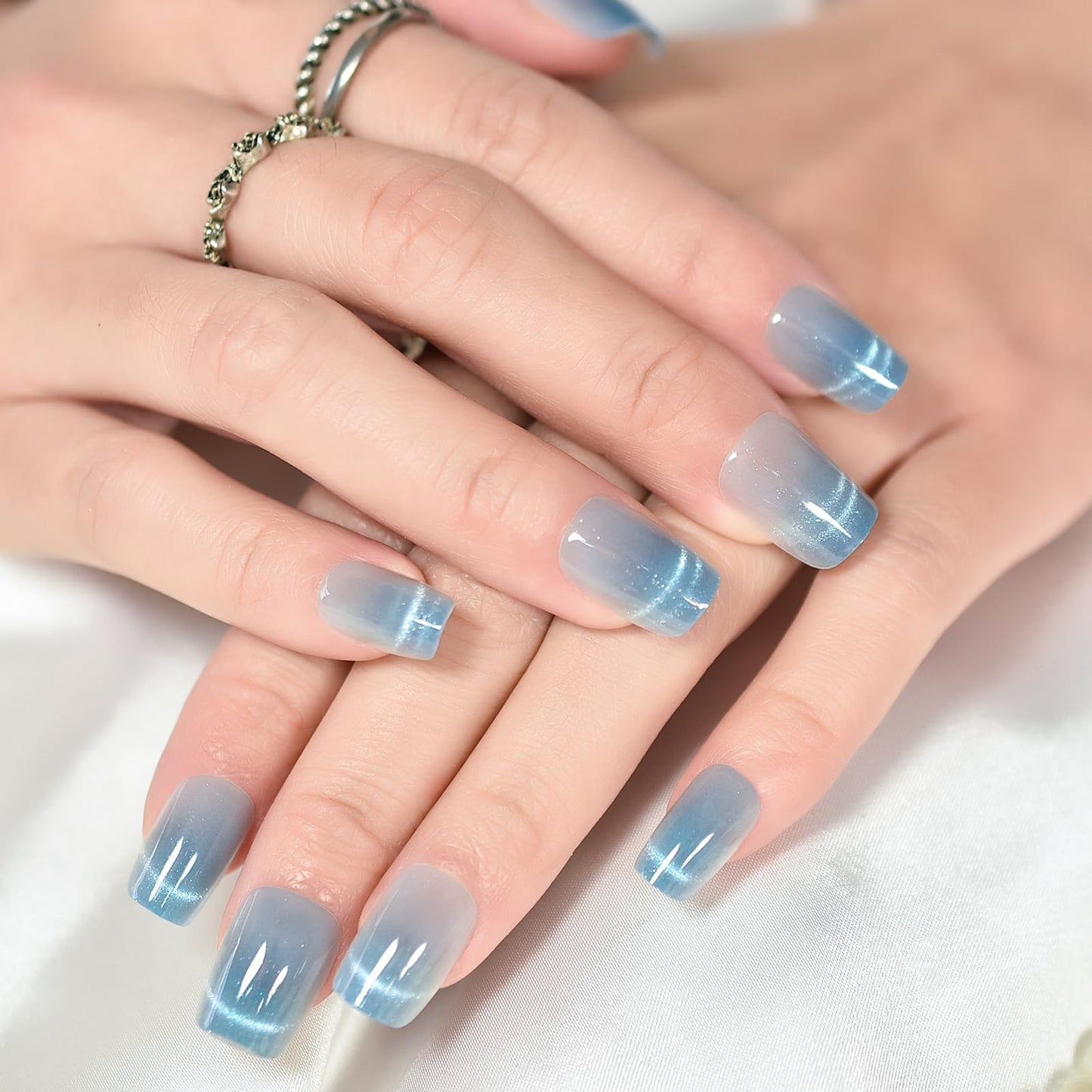 Elevenail Light Blue Press On Nails Squoval Coffin Medium Lenght Nails Women Girls Gifts Salon Manicure Cat Eye Gel Nail Art Tips Fake Nails Reusable Acrylic False Nails Glue On Nails