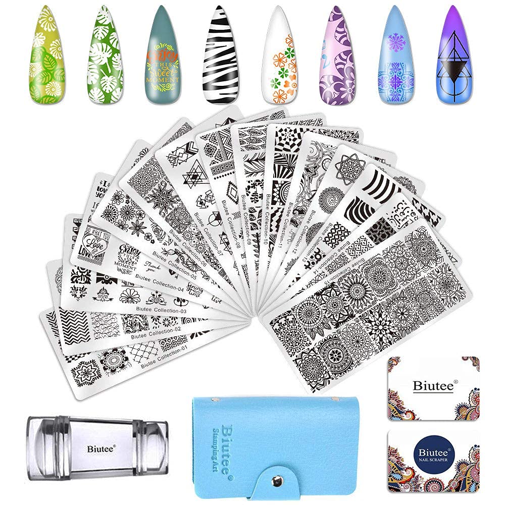 Biutee 19pcs Nail Stamp Plates set 15 plate 1Stamper 2Scraper 1storage bag Nails Art Stamping Plate Scraper Stamper Set Leaves Flowers Animal Nail plate Template Image Plate