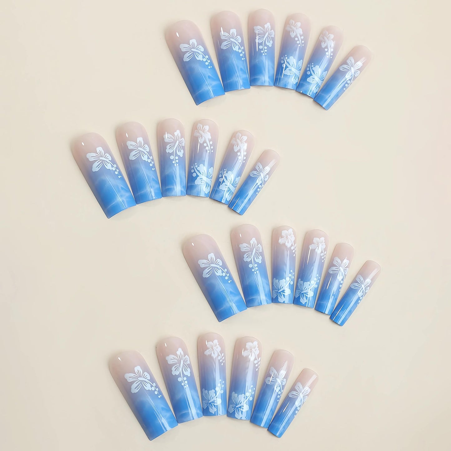 BABALAL Square Press on Nails Long Fake Nails Blue Glue on Nails White Flower Print Acrylic Nails 24Pcs Spring Summer Squoval Stick on False Nails for Women and Girls