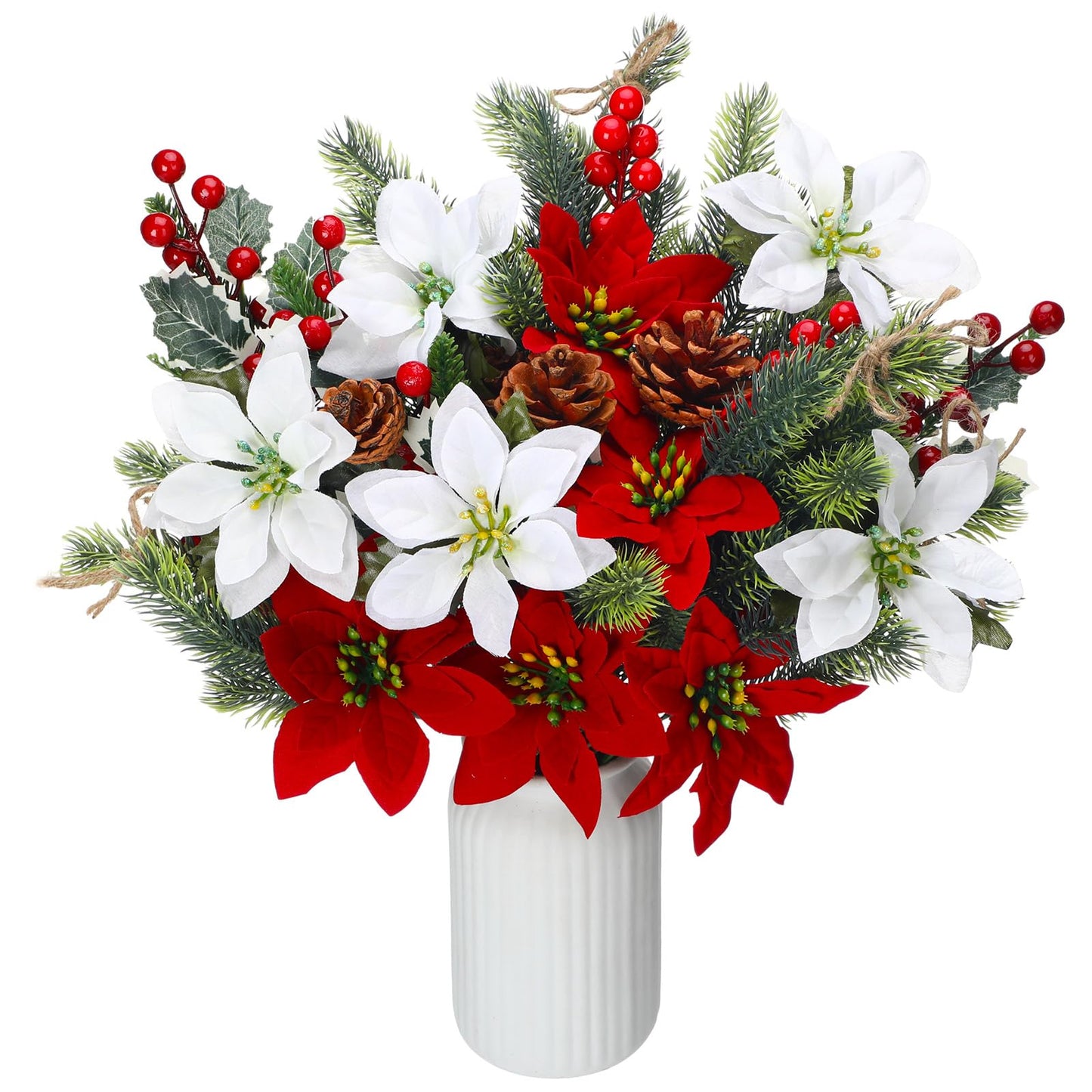 Craftsatin 20 Pcs Christmas Red Artificial Flowers Bouquet Christmas Floral Pine Cones Holly Holiday Floral Picks for Xmas Tree Party Decoration DIY Indoor Table Centerpieces (Red, Green, White)