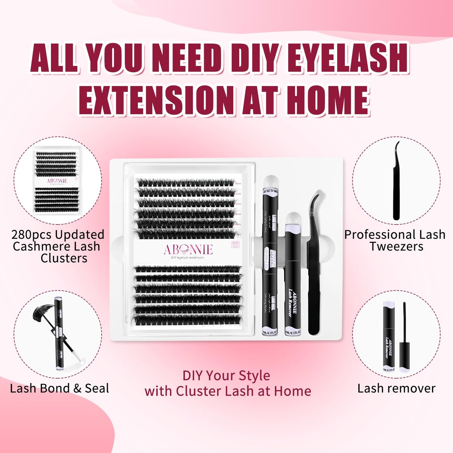 ABONNIE DIY Lash Extension Kit,Cluster lash Extensions Kit, 10-16mm Mix Wispy Lash Clusters, 60+80D Curl Lash Clusters Kit with Bond and Seal and Tweezer and Remover,at Home Lash Extensions Kits