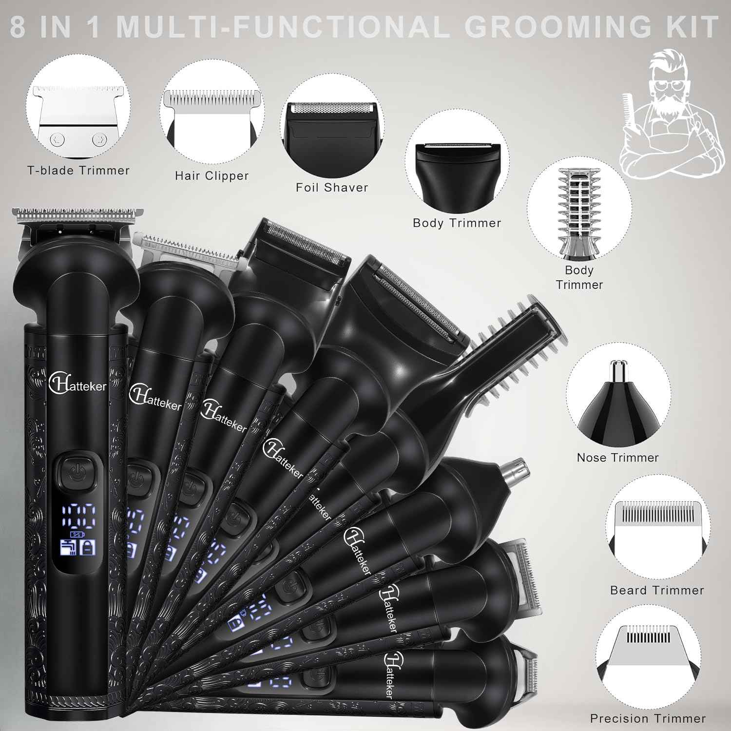 Hatteker 8-in-1 Mens Grooming Kit - Zero-Gap T-Blade Trimmer, IPX7 Waterproof Cordless Set with Hair Clipper/Beard Trimmer/Nose Trimmer, USB Rechargeable (1.5H Charge 180M Use) for Home & Travel