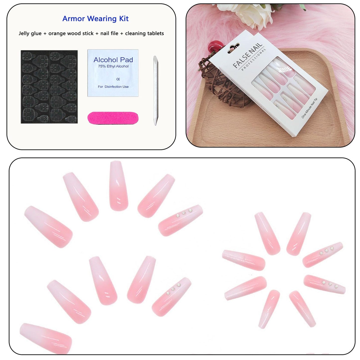 Long Press on Nails Coffin White and Pink Gradient Acrylic Nails Press ons with Rhinestones Design Artificial Nails Full Cover False Nails with Glue for Women and Girls 24Pcs