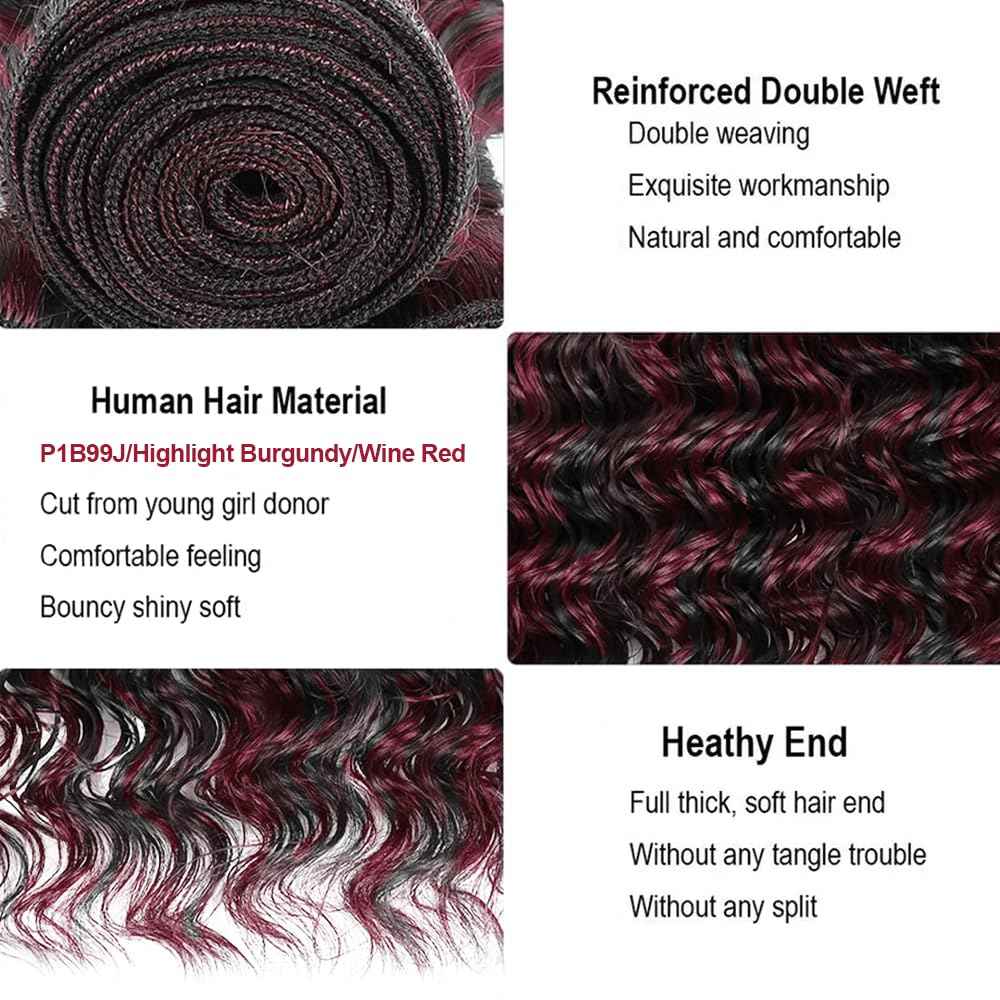 8 8 8 Inch P1B99J Bundles Highlight Deep Wave Human Hair Bundle Burgundy Hair Weave Two Tone Black Mixed With 99J Red Bundles Highlight Deep Curly Bundle