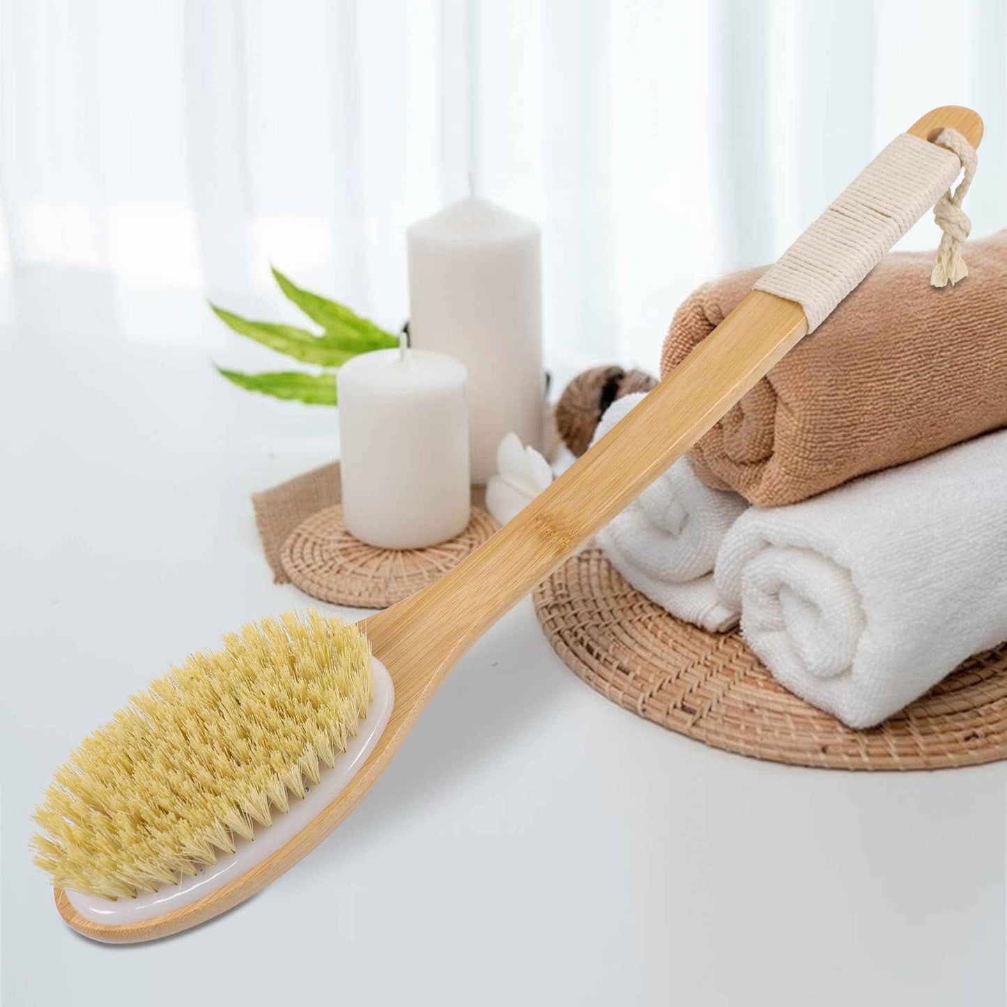 OWIIZI Back Scrubber Brush for Shower,Curved Extra Long Handle Bamboo Stiff Bristle Body Brush for Exfoliating,Natural Agave Stiff Sisal Shower Scrubber for Back Use Wet or Dry-17.9inches