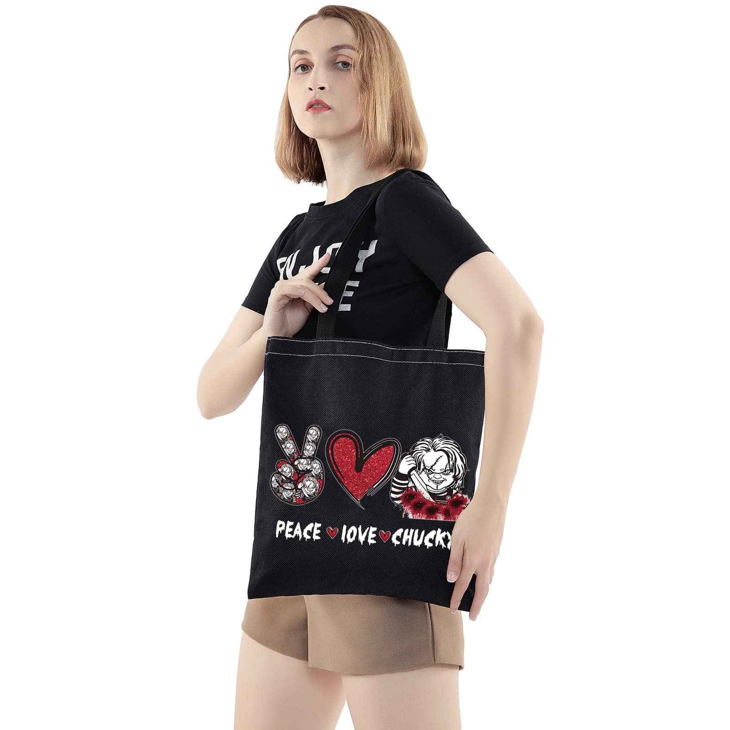 WZMPA Horror Movie Fans Cosmetic Bag, Peace Love Inspired Gift Makeup Zipper Pouch, Horror Merchandise (Peace Chuc TG BL)