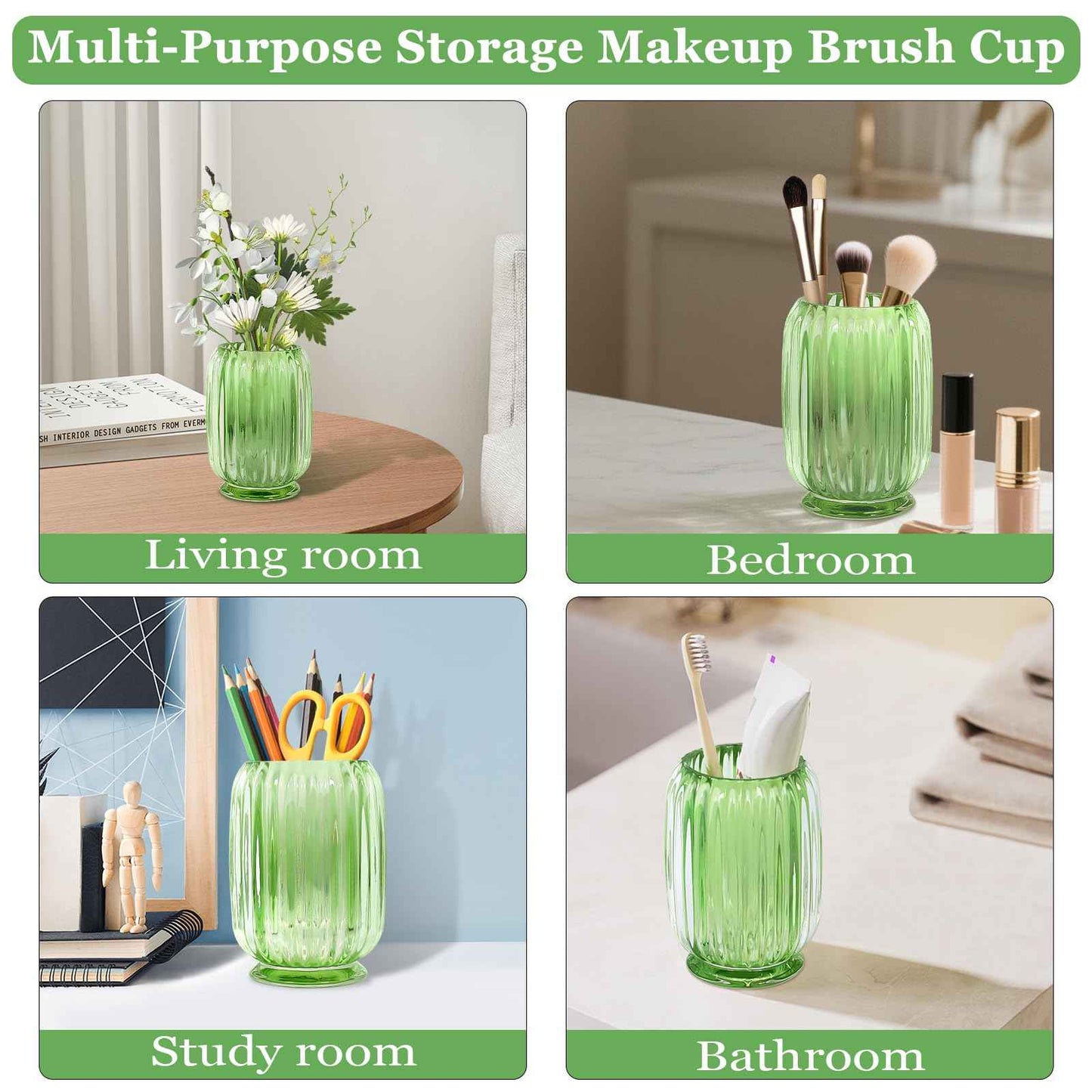 Makeup Brush Holder, Thick Glass Makeup Brush Organizer Cup, 4.8" Tall for Vanity Hair Brush Holder Brushes Storage, Makeup Brush Holder Organizer organizador de brochas de maquillaje Crystal Green