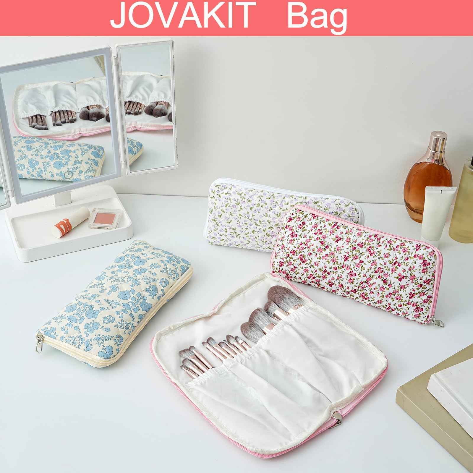 JOVAKIT Quilted Makeup Brush Holder Travel Cosmetic Bag for Women, Floral Coquette Cotton Makeup Brush Case Toiletry Zipper Make Up Pouch, Travel Storage Organizer Pouch (Red Floral)