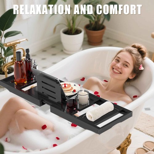 Bathtub Tray Caddy,Premium Bamboo Expandable Bath Tub Trays Table, Foldable Bathroom Accessories,Great House Warming, Anniversary and Birthday Gifts,Black
