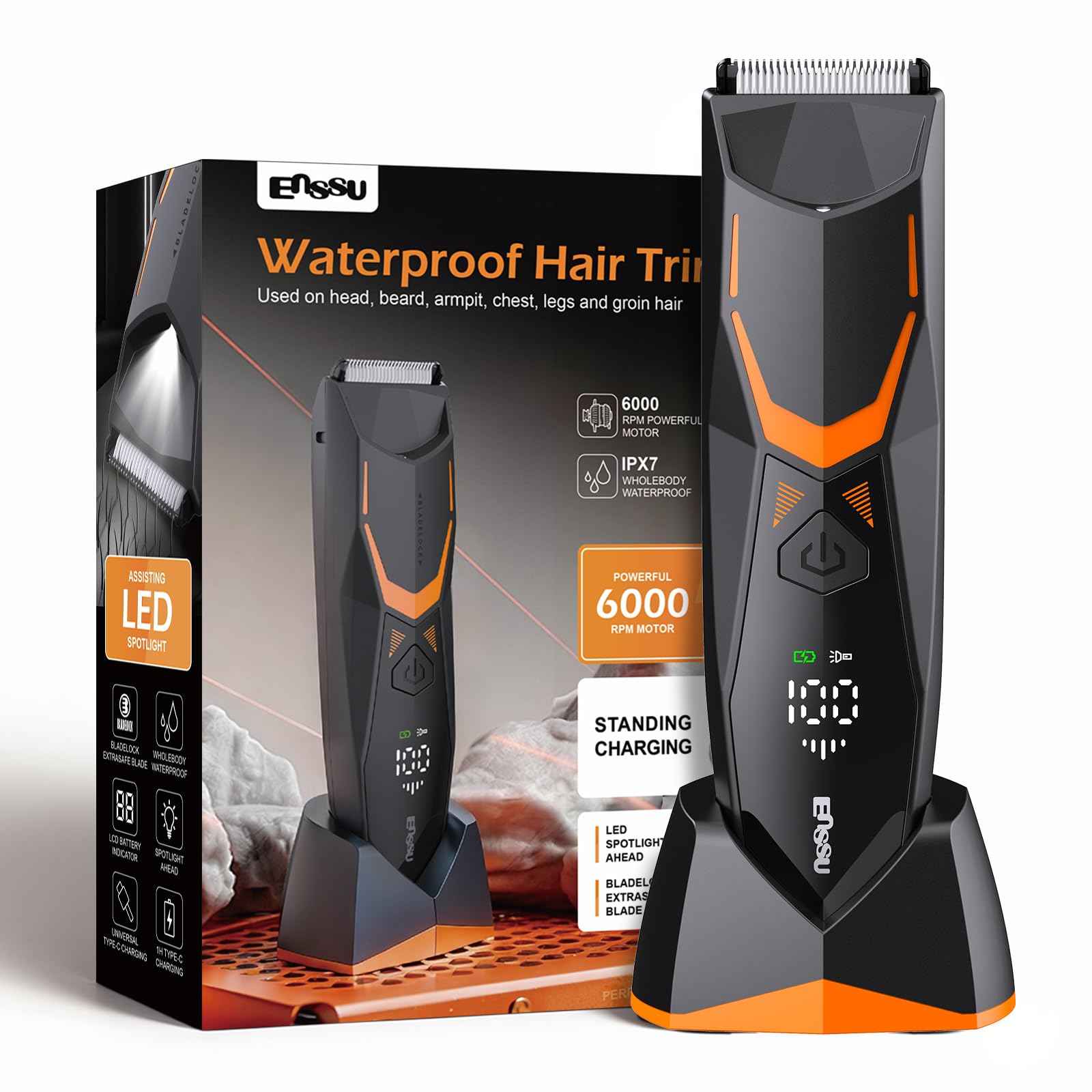 ENSSU Manscape Body Hair Trimmer for Men with LED Light for Balls/Pubic/Groin/Legs/Chest, IPX7 Waterproof Body Groomer with Ceramic Blade, Fast Charging Shaver for Wet or Dry Use