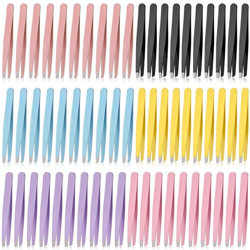60Pcs Slanted Eyebrow Tweezers for Women Men, Stainless Steel Tweezers Bulk Professional High Precise Tweezer for Ingrown Hair Removal Plucking Blackheadl(Multicolor)