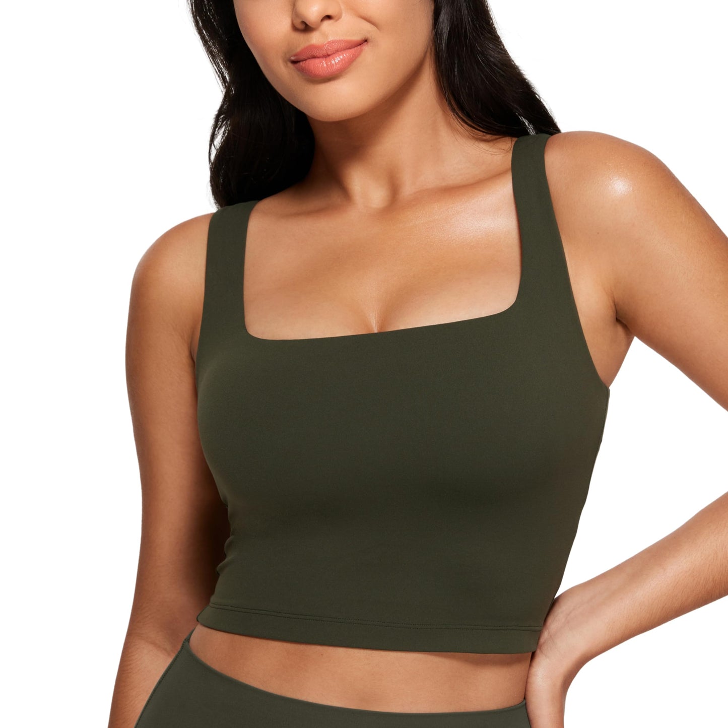 CRZ YOGA Butterluxe Womens Square Neck Longline Sports Bra - Workout Crop Tank Tops Padded with Built in Shelf Yoga Bra Olive Green XX-Small