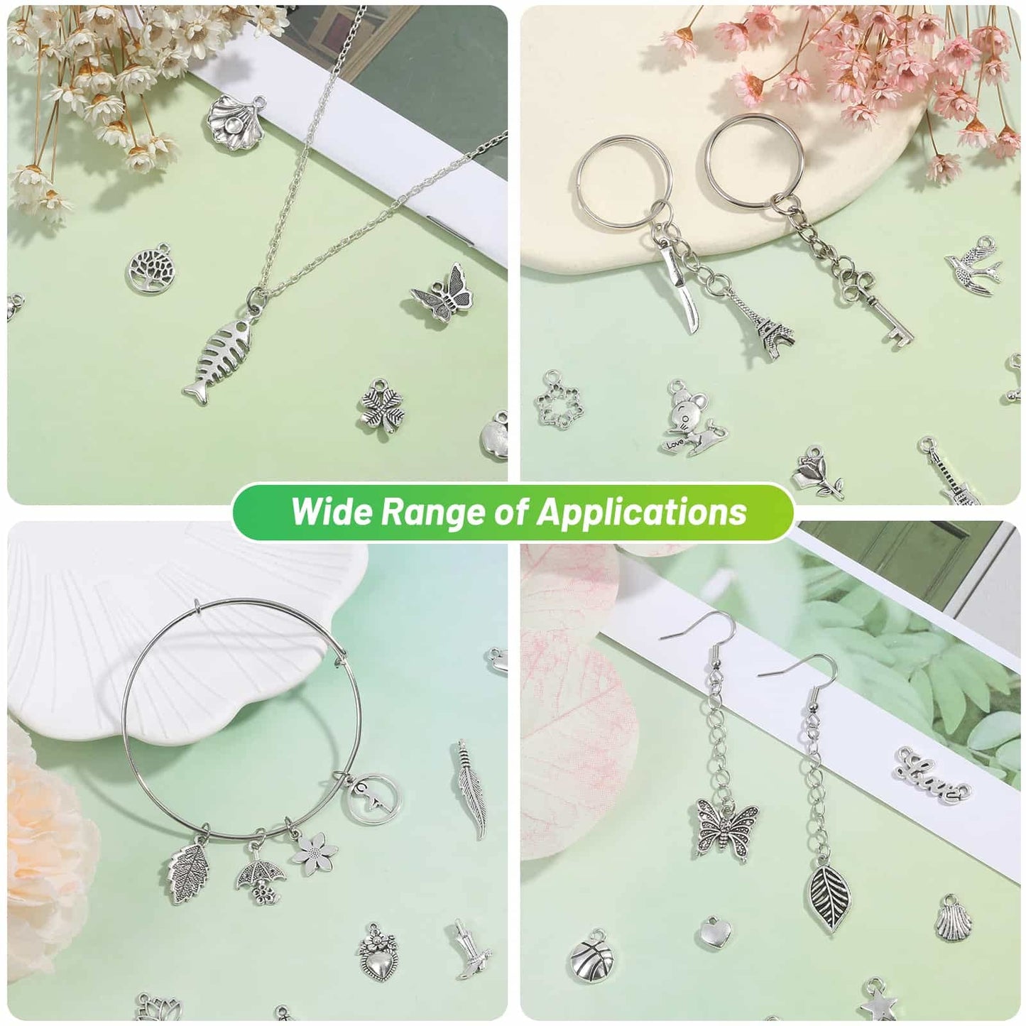 Acejoz 200Pcs Silver Charms for Jewelry Making and Bracelets, Wholesale Bulk Assorted Jewelry Making Charms Mixed Tibetan Earring Charms for DIY Necklace Bracelet Jewelry Making and Crafting