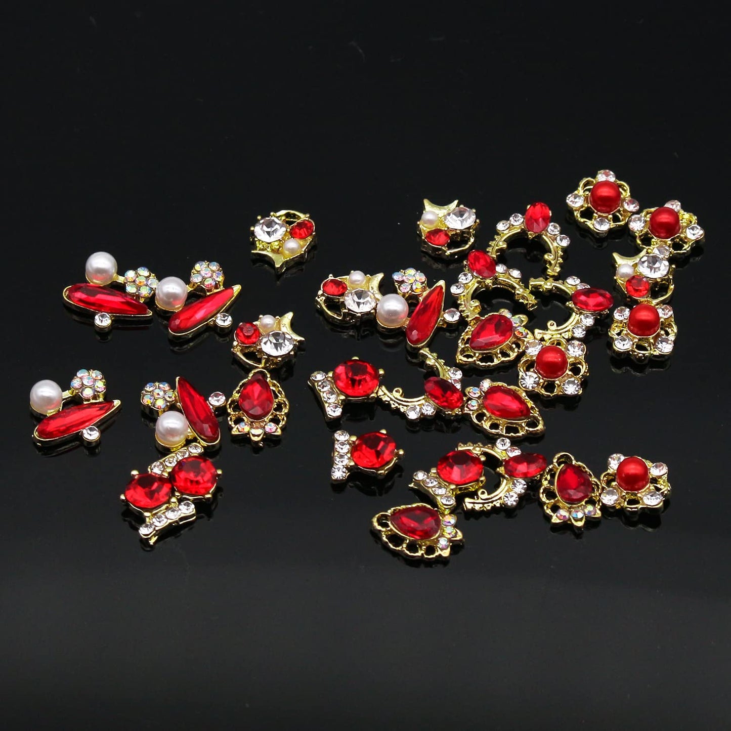 XEAOHESY 30pcs 3D Alloy Gold Nail Charms Red Rhinestones for Nails Gems Jewels Crystal Diamonds for Nails Nail Pearls Diamonds for 3D Nails Art 3D Nail Charms for Acrylic Nails