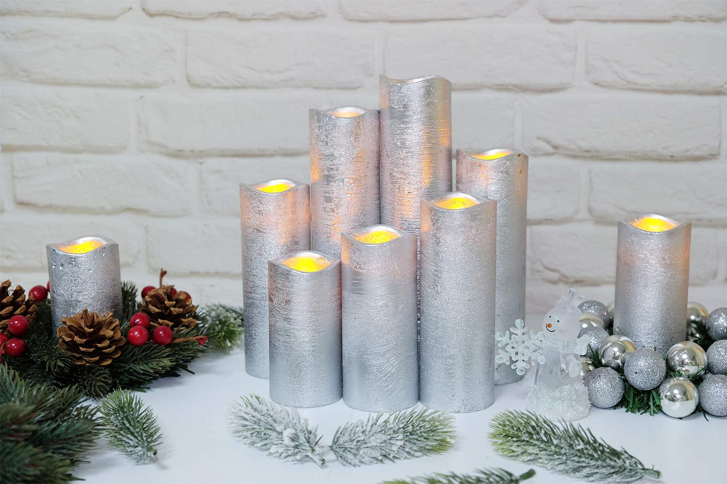 Eldnacele Flameless Candles Flickering LED Silver Pillar Candles Warm White Set of 9(H4 5" 6" 7" 8" 9" x D2.2) Electric Unscented Wax Silver Coated Battery Candles with Remote Timer for Home Deco