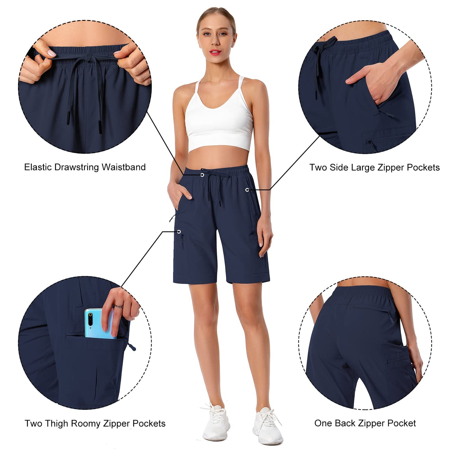 Women's Lightweight Hiking Cargo Shorts Quick Dry Athletic Shorts for Camping Travel Golf with Zipper Pockets Water Resistant Navy