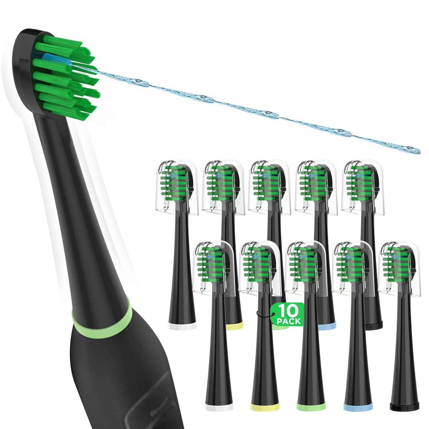 Replacement Toothbrush Heads for All Waterpik Sonic Fusion Models (SF-01, SF-02, SF-03, and SF-04 Series), Compact, with Covers, 10 Count, Black