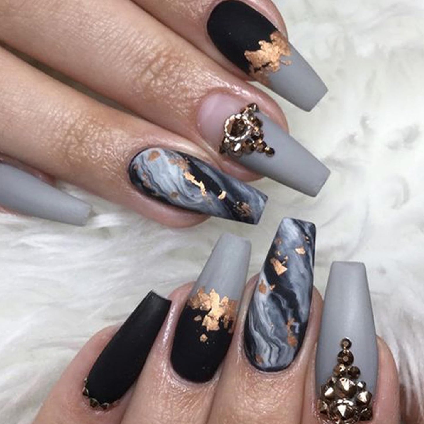 Gold Foil Rhinestones Press on Nails Long Coffin Nails Gray Marble Fake Nails Reusable Artificial False Nails Full Cover Stick on Nails with Glue on Nails for Women DIY Charm Manicure