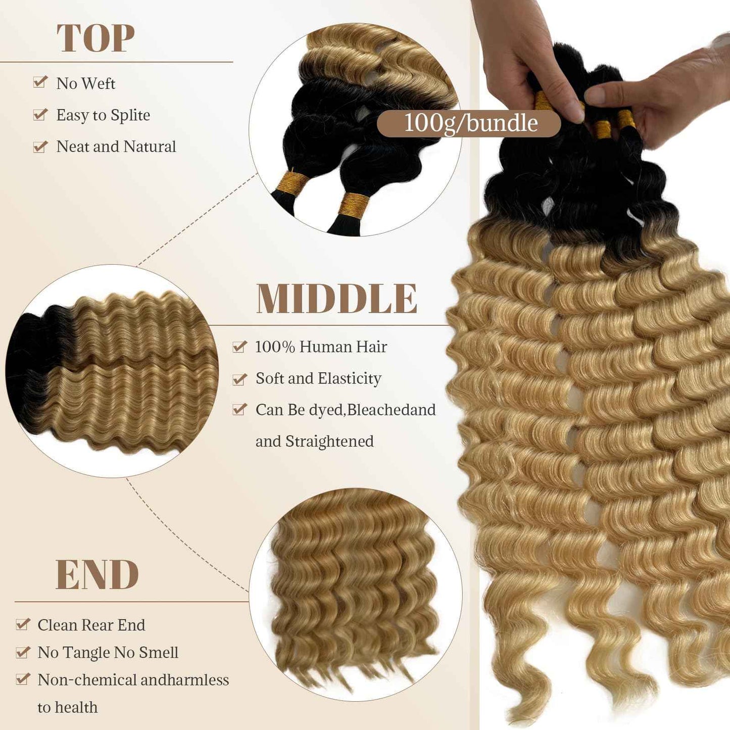 Human Braiding Hair for Boho Braids Ombre Blonde 100g 16 Inch Deep Curly Wave Natural Black Color for Boho Braids Remy Hair No Weft Boho Human Braiding Hair with Dark Roots Curly 2 Bundles/Pack