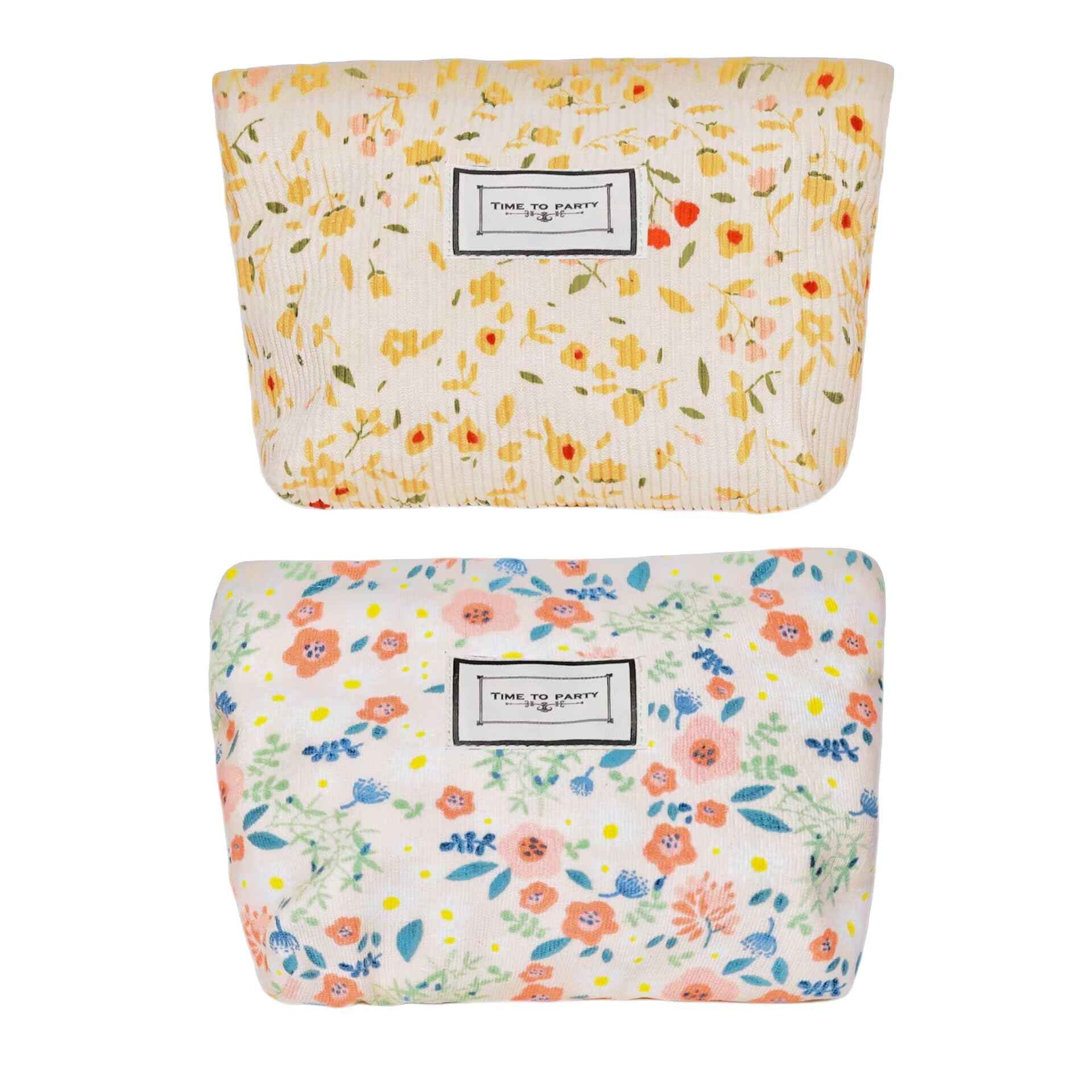 Nearawing 2 Pack Floral Canvas Makeup Bags - Zippered Organizers for Inner Bag, Cosmetics, Purses, Travel, and More (pink+yellw)