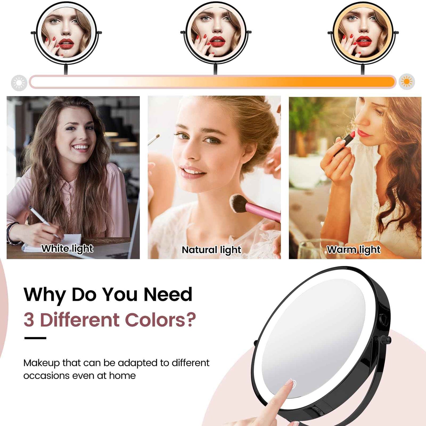 AumVum 8" Vanity Mirror with Lights Rechargeable, 1X/10X Magnifying Makeup Mirror with Touch Screen, 54 LED Adjustable Brightness, 3 Color Modes, 360° Rotation for Tabletop & Bedroom