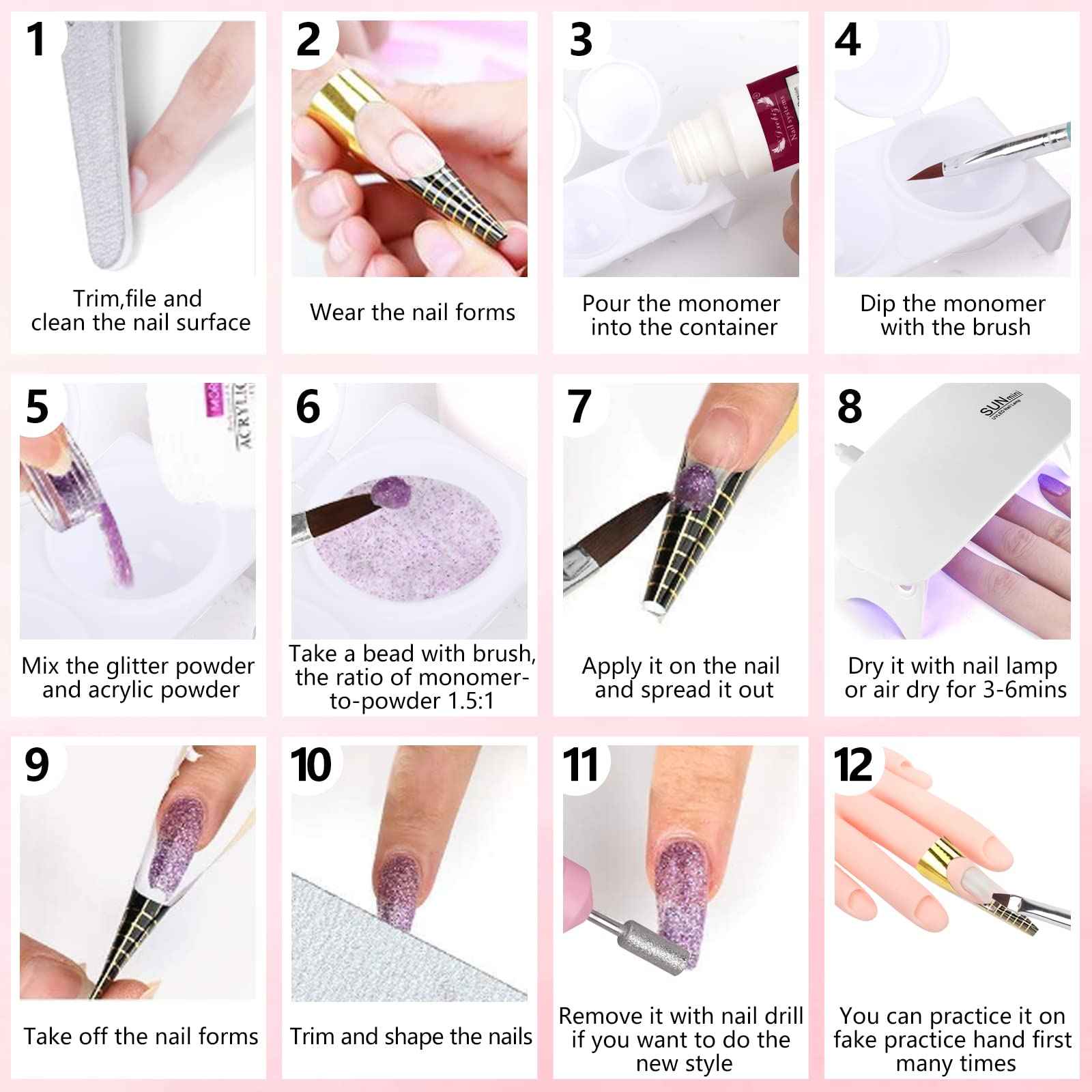Nail Practice Hand for Acrylic Nail Kit, Fake Nail Mannequin Hand for Nails Practicing, Nail Training Finger with Acrylic Nail Kit Powder Nail Art Tools Professional Nail Starter Set