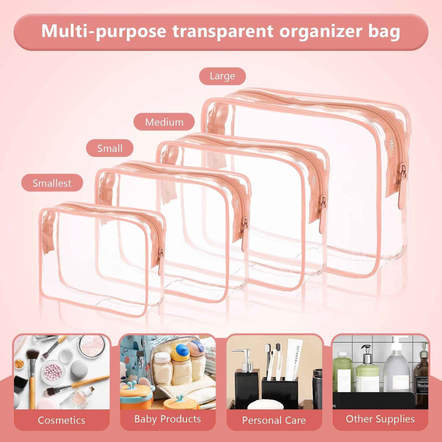 EVDIAGD Clear Cosmetic Bag, 4 Pcs Waterproof Clear Plastic Cosmetic Makeup Bags,Transparent Packing Organizer Storage Bags,Christmas Gift for Mother,Wife,Grilfriends(Pink).