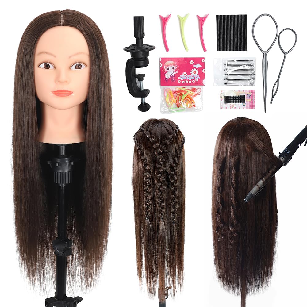 ZOMOI Mannequin Head with 80% Real Human Hair 26-28'' Cosmetology Mannequin Doll Head for Styling Practice on Braiding Head (4#Dark Brown)