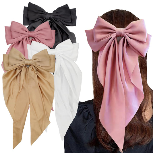 4PCS Hair Bows for Women Big Satin Ribbon Hair Bows Clips White Black Pink Khaki Hair Bows for Girls Oversized Long Tail Silky Ribbons Hair Clips Barrettes Bowknot Hair Accessories Gift