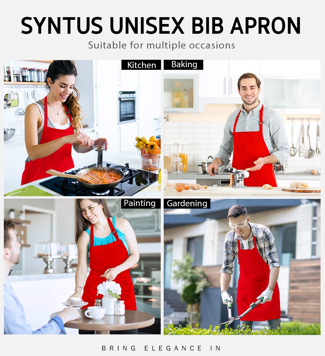 Syntus 2 Pack Adjustable Bib Apron Waterdrop Resistant with 2 Pockets Cooking Kitchen Aprons for BBQ Drawing, Women Men Chef, Red