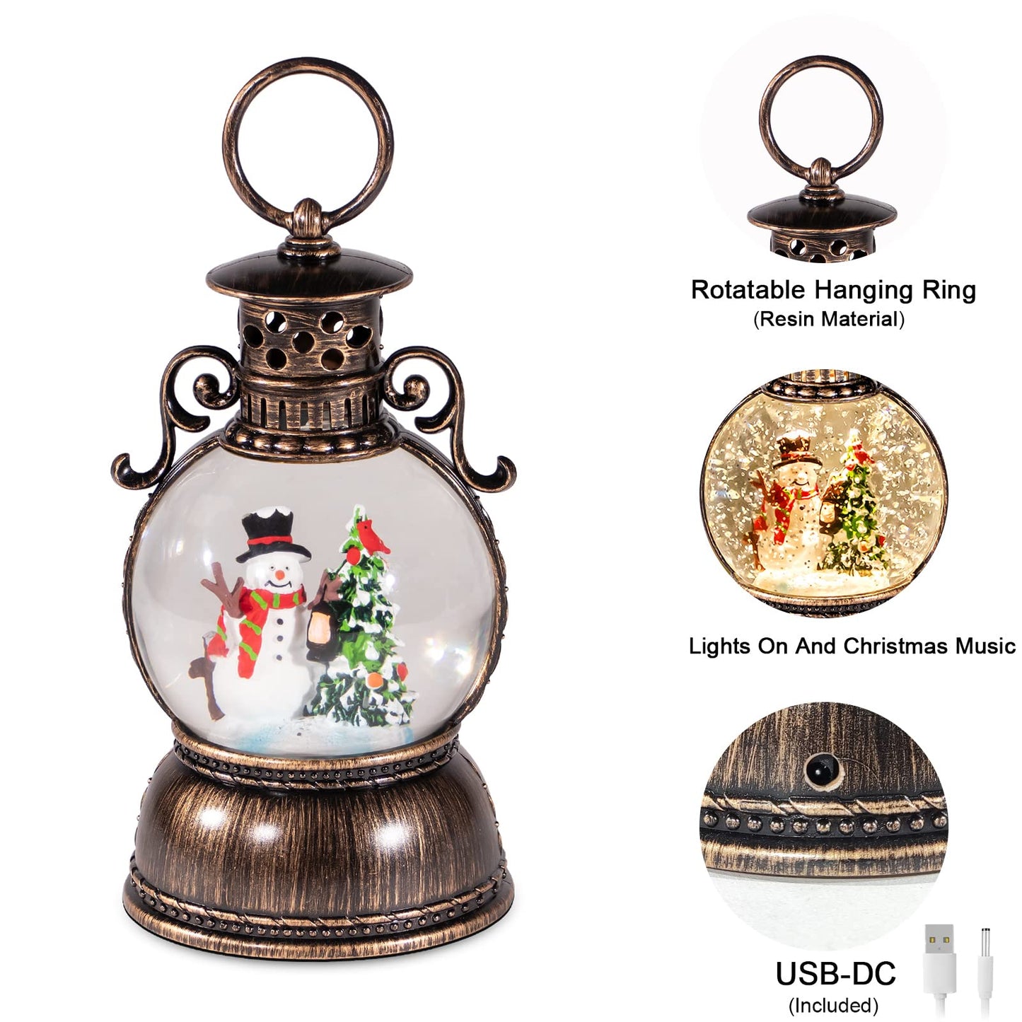 Christmas Snow Globes, Glittering Christmas Music Box Snowman Christmas Trees with 8 Songs & 6H Timer, USB Powered & Battery Operated Christmas Lanterns for Indoor Holiday Table Party Gifts