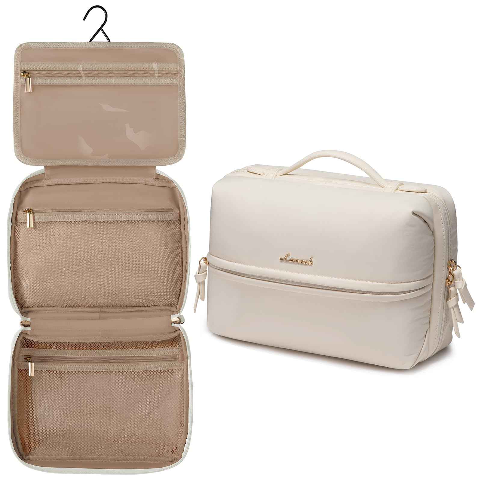 LOVEVOOK Travel Toiletry Bag With Hanging Hook for Women, Puffy Cosmetic Makeup Bag Organizer with Vegan Leather Handle for Accessories, Essentials, Toiletries, Off white