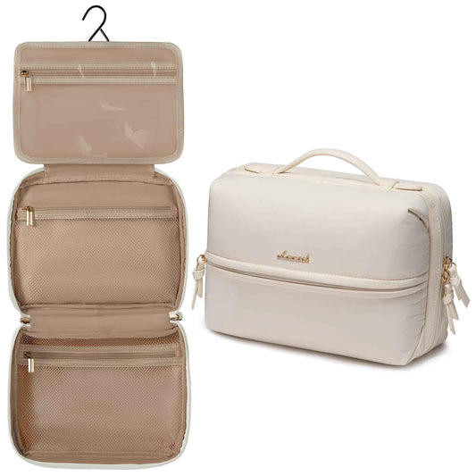 LOVEVOOK Travel Toiletry Bag With Hanging Hook for Women, Puffy Cosmetic Makeup Bag Organizer with Vegan Leather Handle for Accessories, Essentials, Toiletries, Off white