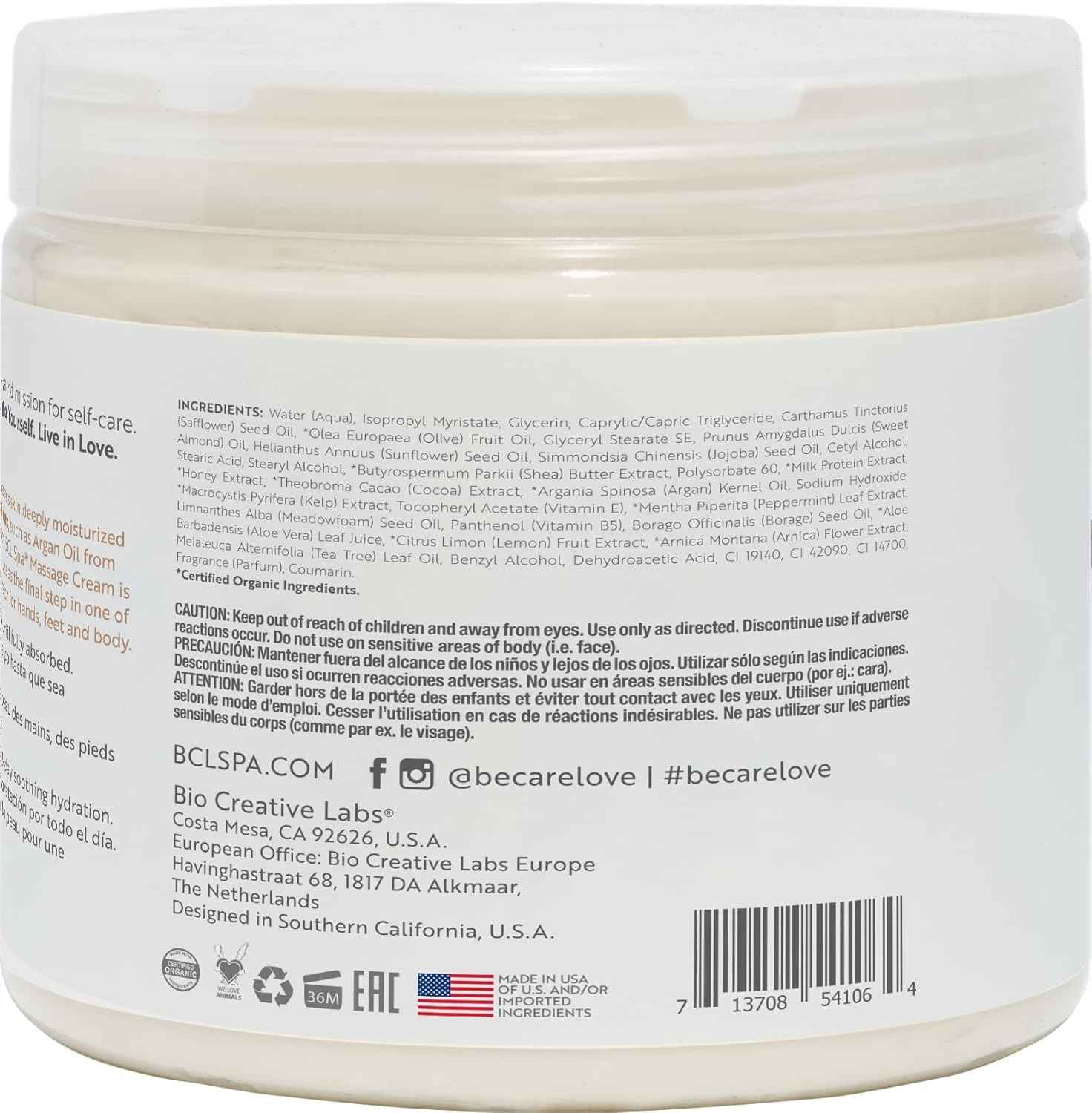 BCL SPA Massage Cream Organic Milk & Honey with White Chocolate Body Lotion, Shea Butter, Aloe Vera, Arnica, Peppermint, Kelp, Tea Tree, Olive, Argan, and Jojoba Oils, Home/Professional Use, 16 fl oz