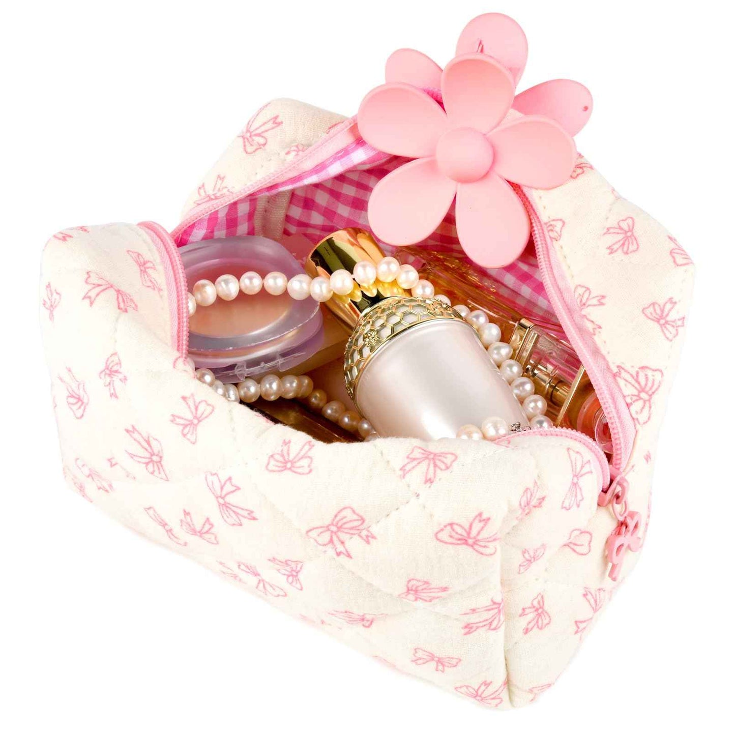 SOIDRAM Floral Makeup Bag Small Quilted Cosmetic Bag Cute Makeup Pouch Coquette Makeup Bag Aesthetic Travel toiletry bag Organizer Cotton Makeup Brushes Storage Bag for Women (Coquette Bow -S)