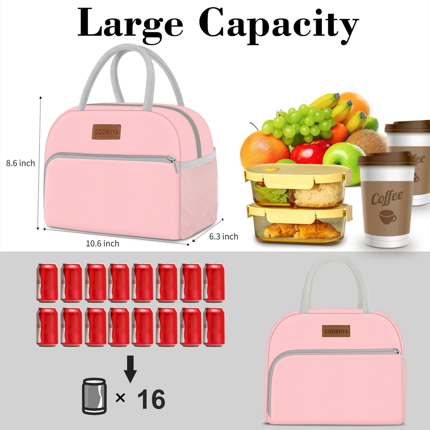 Coobiiya Lunch Bag for Women Men, Insulated Reusable Picnic Bag, 10.8"L x 6.3"W x 8.85"H, Pink