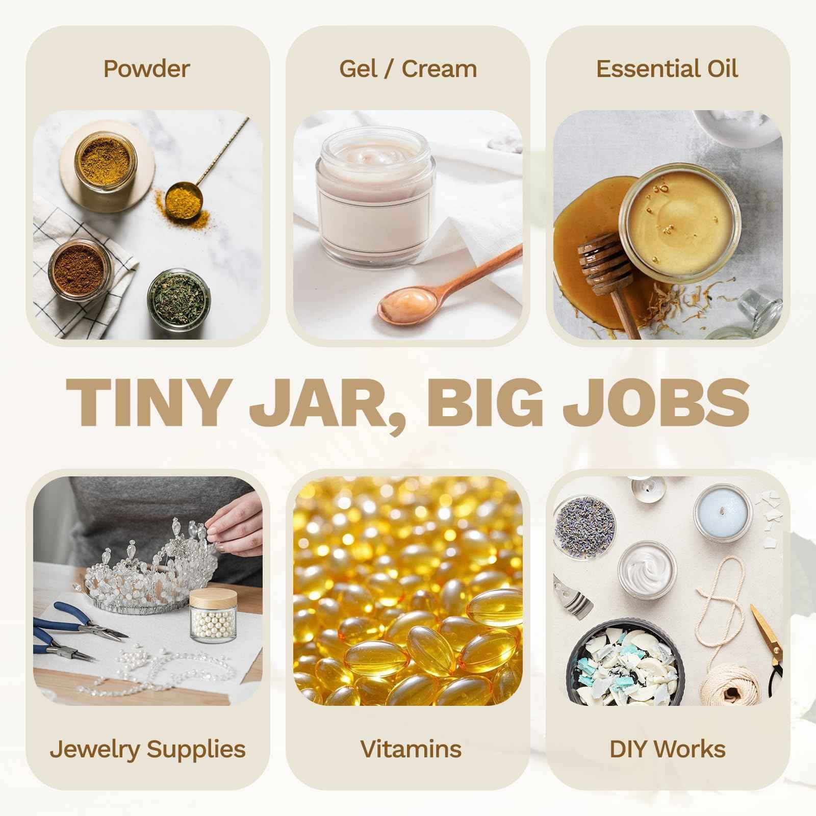 Bumobum 6-Pcs Glass Cosmetic Jars with Plastic Wood-Grain Lids – Refillable Travel Jars for Creams, Lotions, Skincare & DIY (15ml/30ml/50ml)