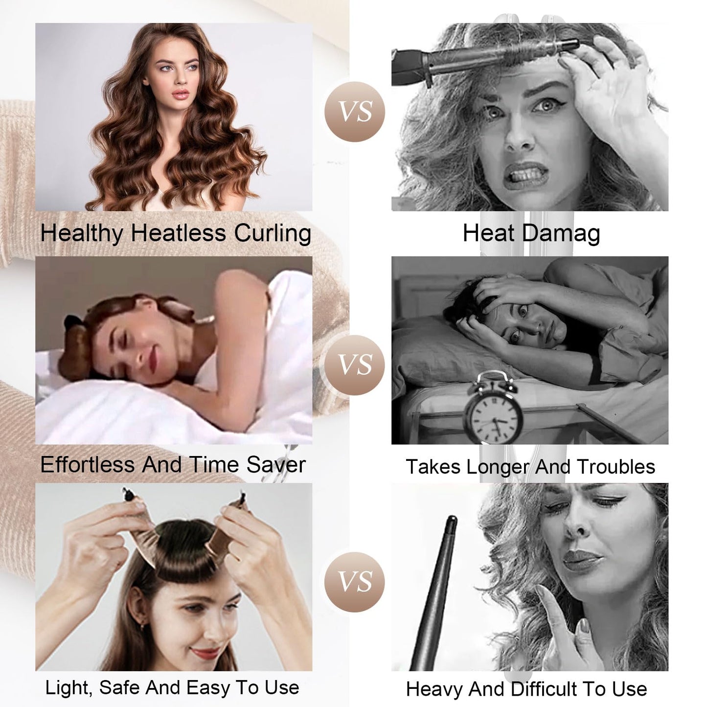 Heatless Hair Curler Set for Women, Overnight Curls with Jumbo No Heat Rollers, Headscarf and Hook for Long Hair (Khaki, 3 Packs)