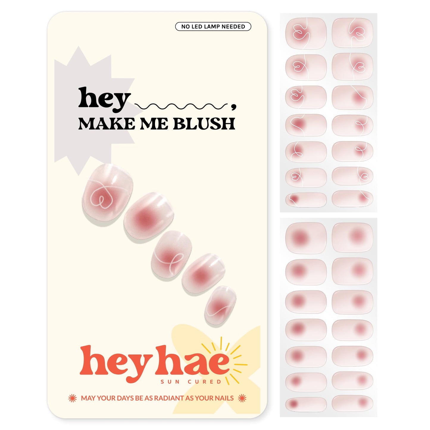 Heyhae Semi Cured Gel Nail Strips | Sun Cured Gel Nail Wraps No LED Lamp Needed Easy Apply & Remove | Includes 28 strips, 1 Prep Pad, 1 Nail File & 1 Wooden Stick - Hey, Make Me Blush