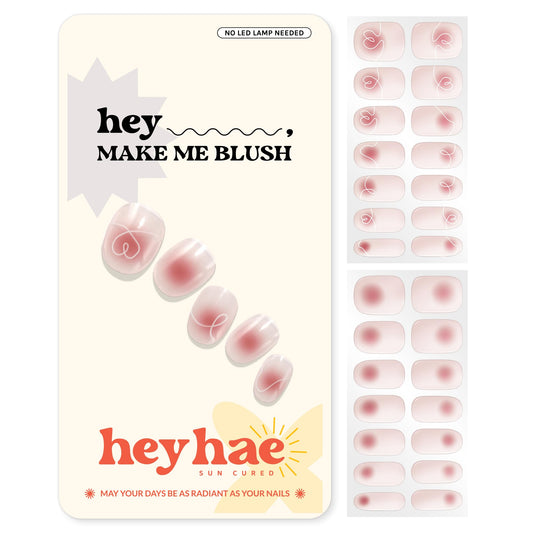 Heyhae Semi Cured Gel Nail Strips | Sun Cured Gel Nail Wraps No LED Lamp Needed Easy Apply & Remove | Includes 28 strips, 1 Prep Pad, 1 Nail File & 1 Wooden Stick - Hey, Make Me Blush