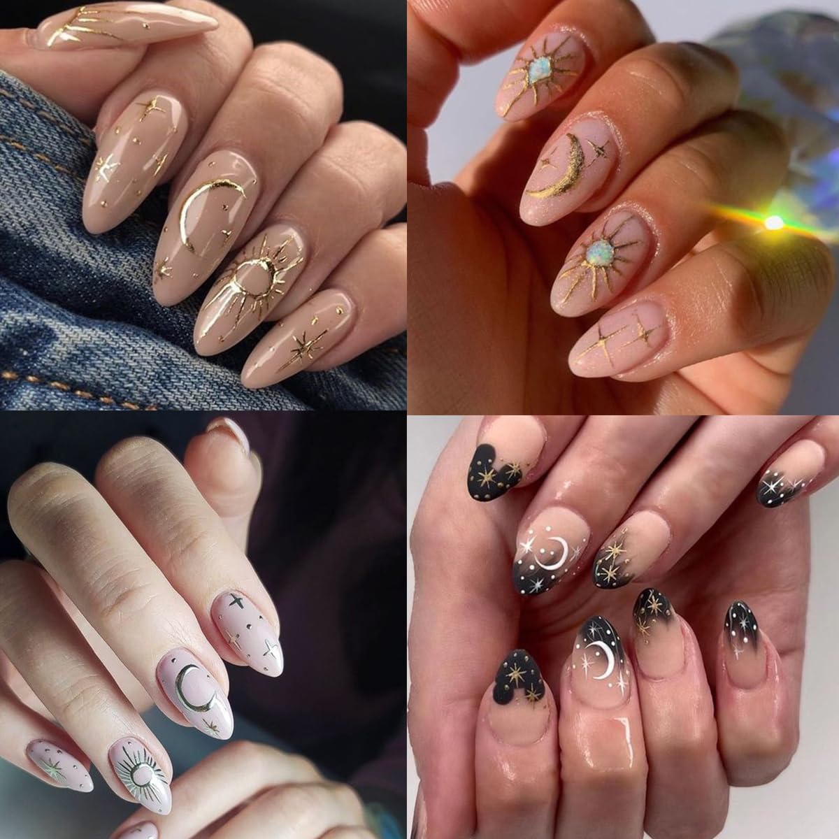 6 Sheets Stars Sun Moon Nail Stickers DIY Self-Adhesive Pegatinas Uñas Gold Silver Laser Starlight Moon Star Nail Art Designs for Women Acrylic Nail Decoration Accessories