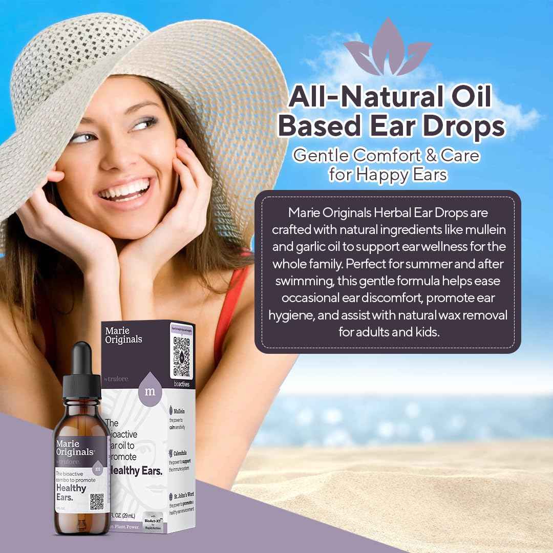 Marie Originals Natural Ear Oil Drops | Mullein Garlic Oil Ear Drops for Infections Prevention, Herbal Ear Ache Drops for Adults, Kids & Pets, Soothes Ear Pain & Wax Removal, Earache Remedies (2 Pack)