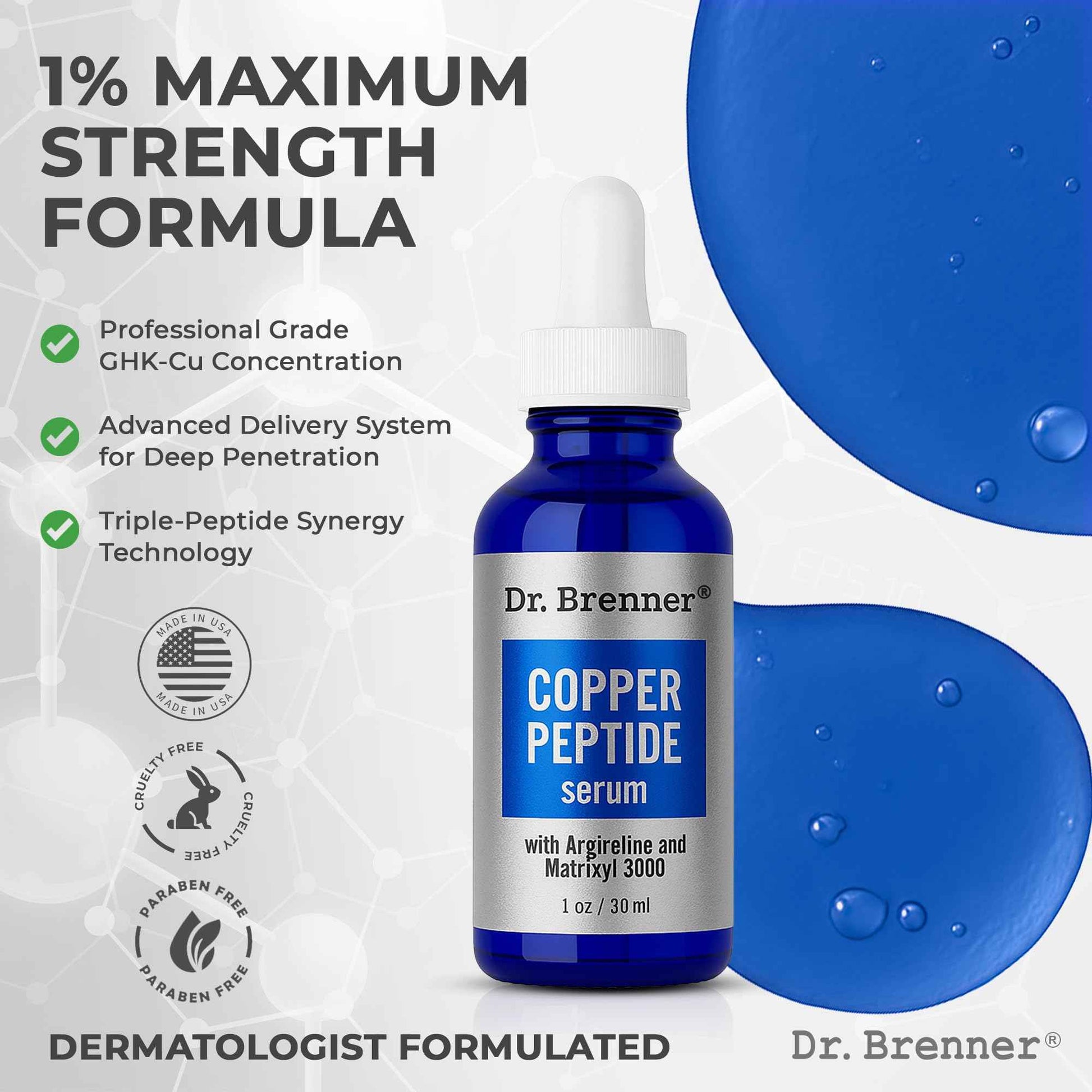 Dr. Brenner Copper Peptide Serum with GHK-Cu peptide, Argireline and Matrixyl 3000 Anti-Aging Moisturizer for Fine Lines and Skin Elasticity