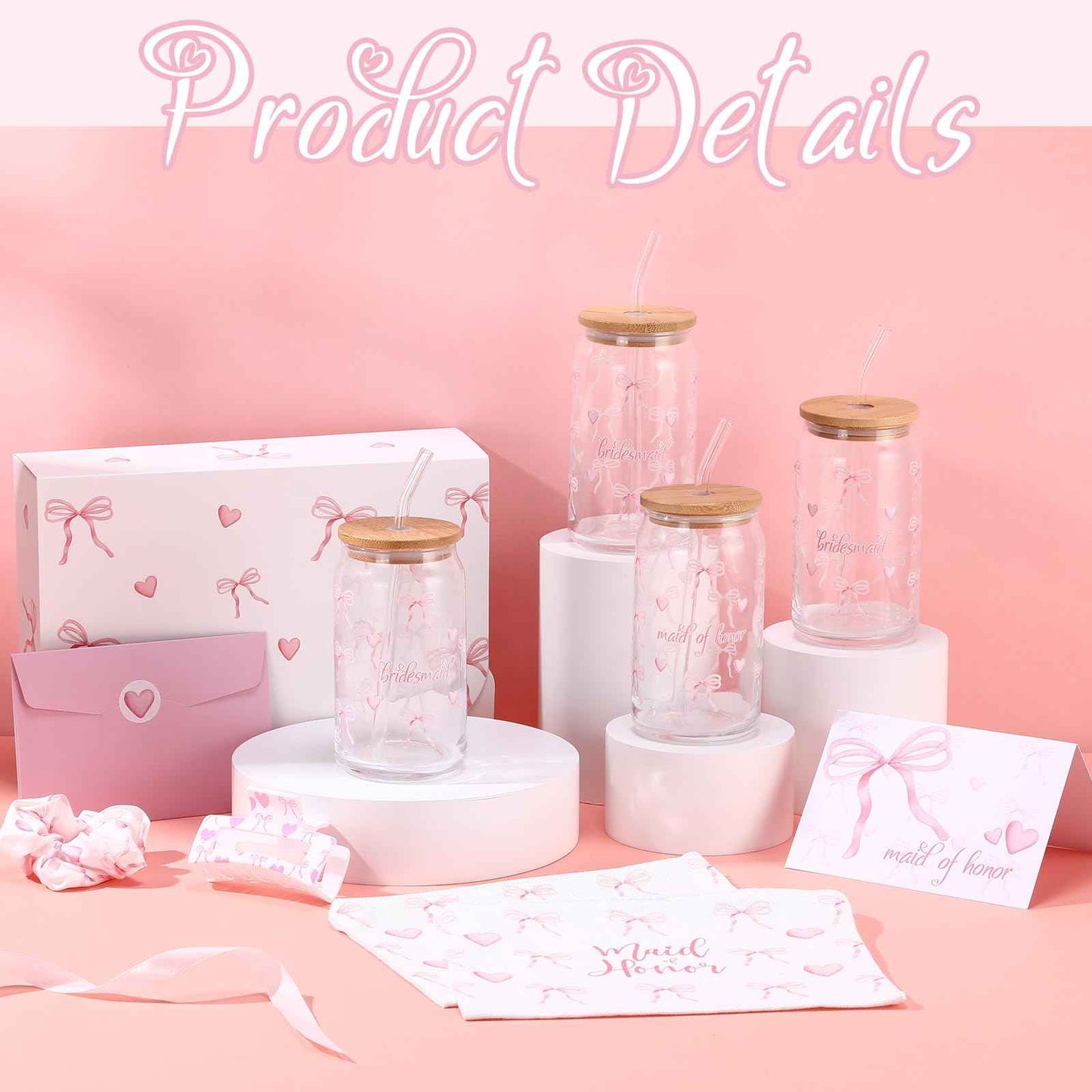 Meanplan 40 Pcs Bridesmaid Proposal Gift Box Set Bridal Shower Favor Wedding Bride Bachelorette Party Return Gift, Glass Cup Cosmetic Bag Scrunchies Hairpin Invited Card Envelope (Maid of Honor)