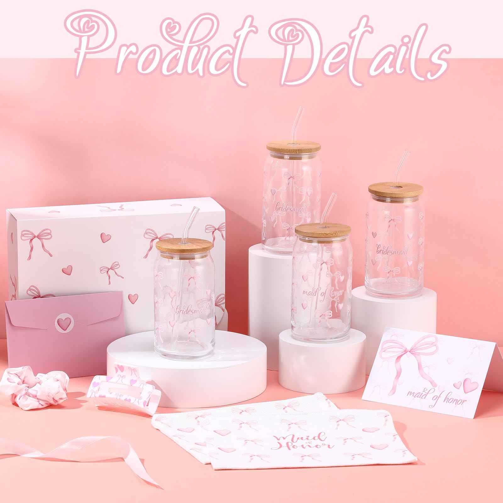 Meanplan 40 Pcs Bridesmaid Proposal Gift Box Set Bridal Shower Favor Wedding Bride Bachelorette Party Return Gift, Glass Cup Cosmetic Bag Scrunchies Hairpin Invited Card Envelope (Maid of Honor)