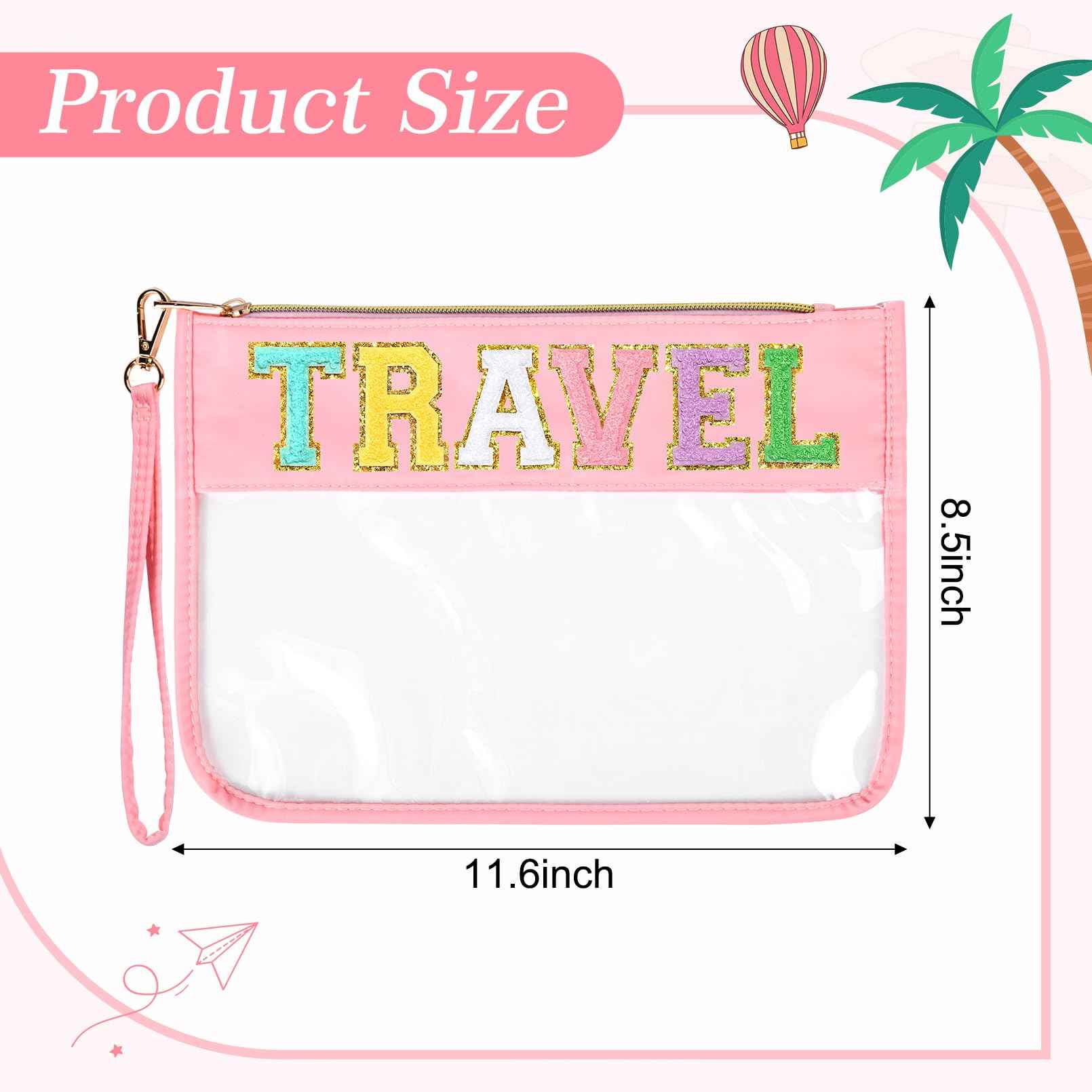 SOIDRAM Travel Makeup Bag Chenille Letter Patch Large Waterproof PVC Toiletry Bag Preppy Nylon Cosmetic Organizer for Women and Girls
