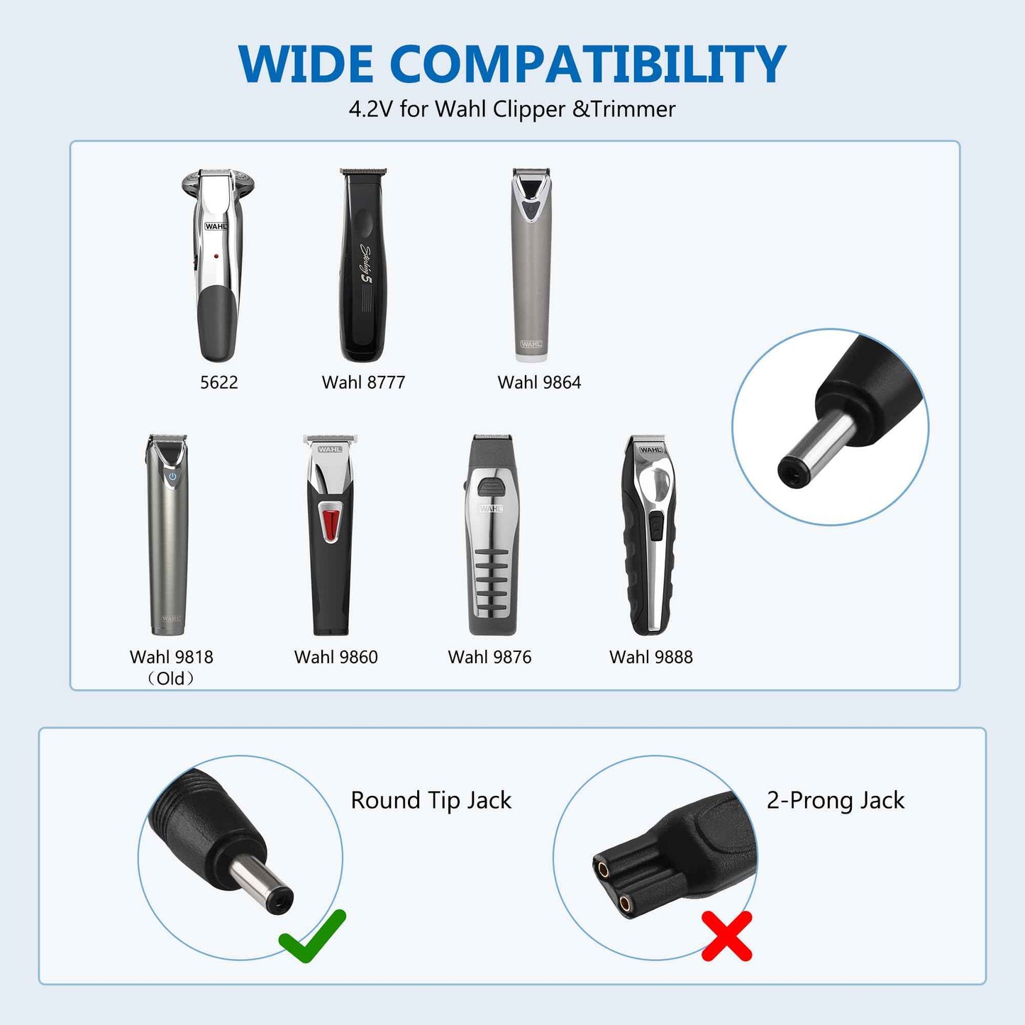 FNKTQL 4.2V Charger for Wahl Trimmer 9818 9818L 9888L 9916D 9918D Groomer Clipper 9854-600 9855 79600-2101 S004mu0400090, Replacement Wahl Shaver Trimmer Power Cord with Cleaning Brush