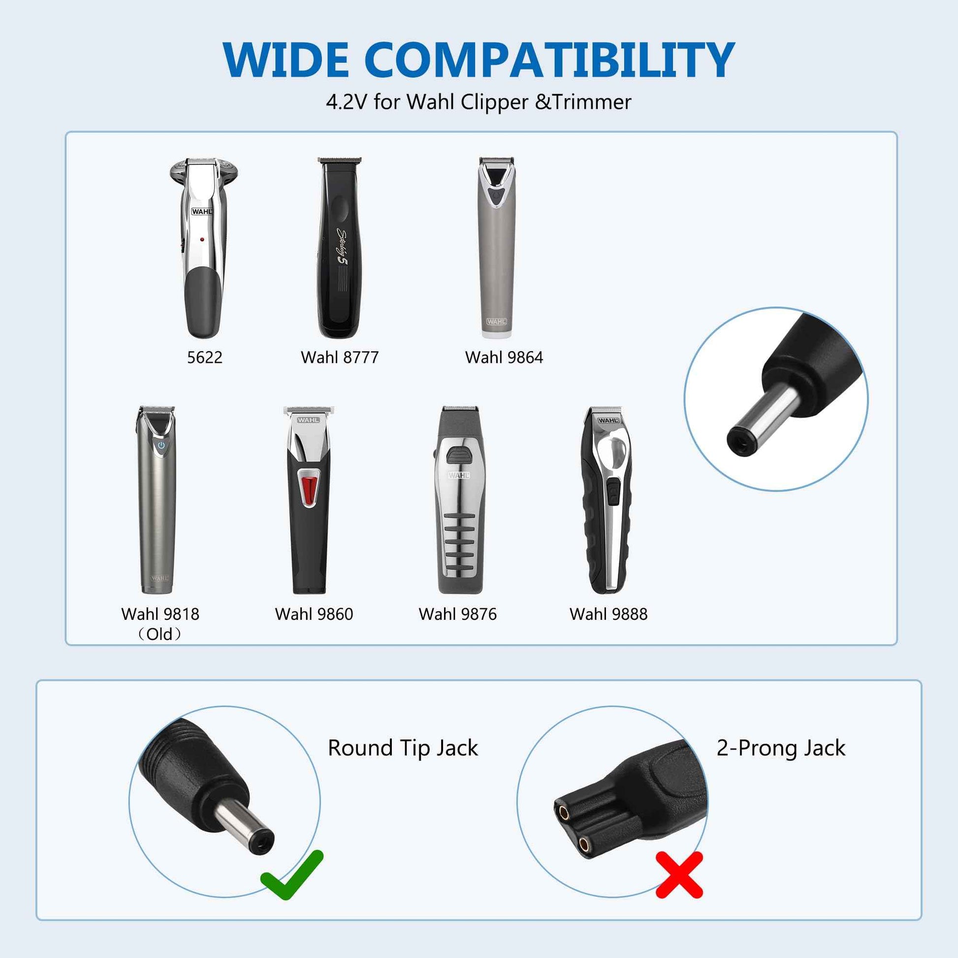 FNKTQL 4.2V Charger for Wahl Trimmer 9818 9818L 9888L 9916D 9918D Groomer Clipper 9854-600 9855 79600-2101 S004mu0400090, Replacement Wahl Shaver Trimmer Power Cord with Cleaning Brush