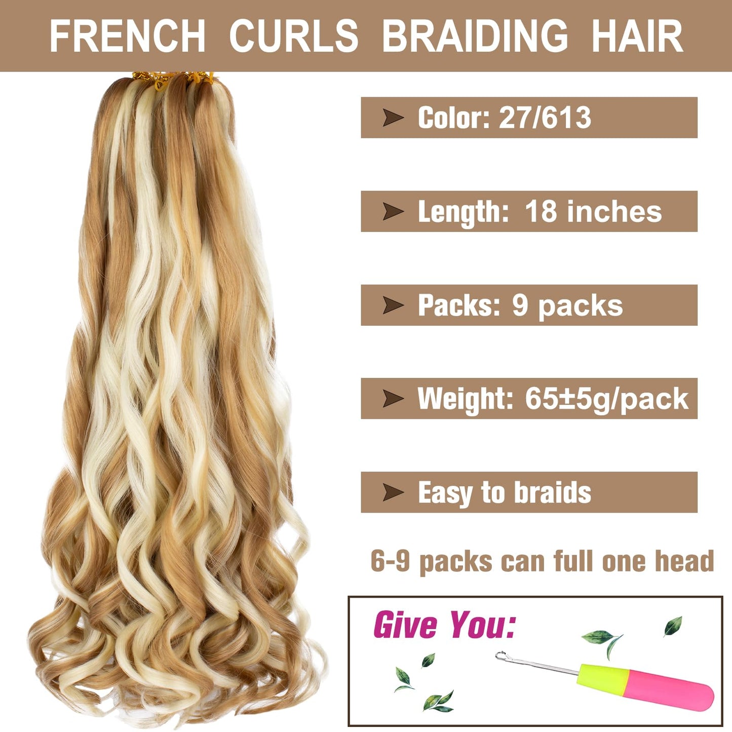 COOKOO 18 Inch 9 Packs Pre-stretched French Curly Braiding Hair Bouncy French Curls Hair Mix Blonde Braiding Hair for Black Women Spanish Curls Synthetic Braids Hair Extensions 27/613#