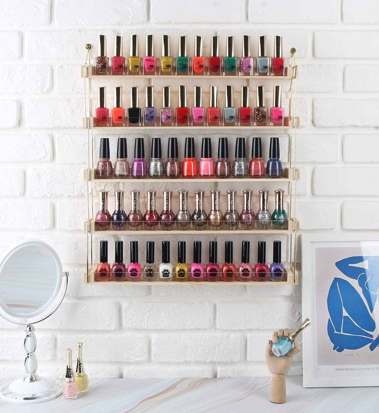 J JACKCUBE DESIGN Wall Mount Gold Metal and Wood Nail Polish Display Shelves Rack Organizer Holds 60 Bottles (5 Tier) - MK543A